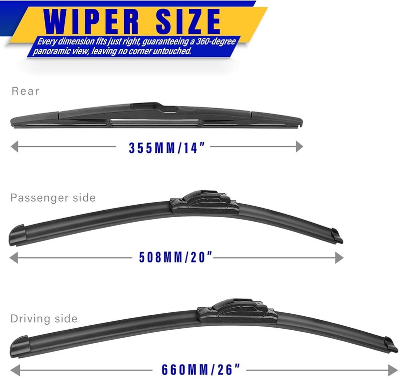 Rooppa 3 wipers Replacement for 2007-2014 Ford Edge/2007-2015 Lincoln MKX, Windshield Wiper Blades Original Equipment Replacement - 26"/20"/14" (Set of 3) U/J HOOK - Image 2